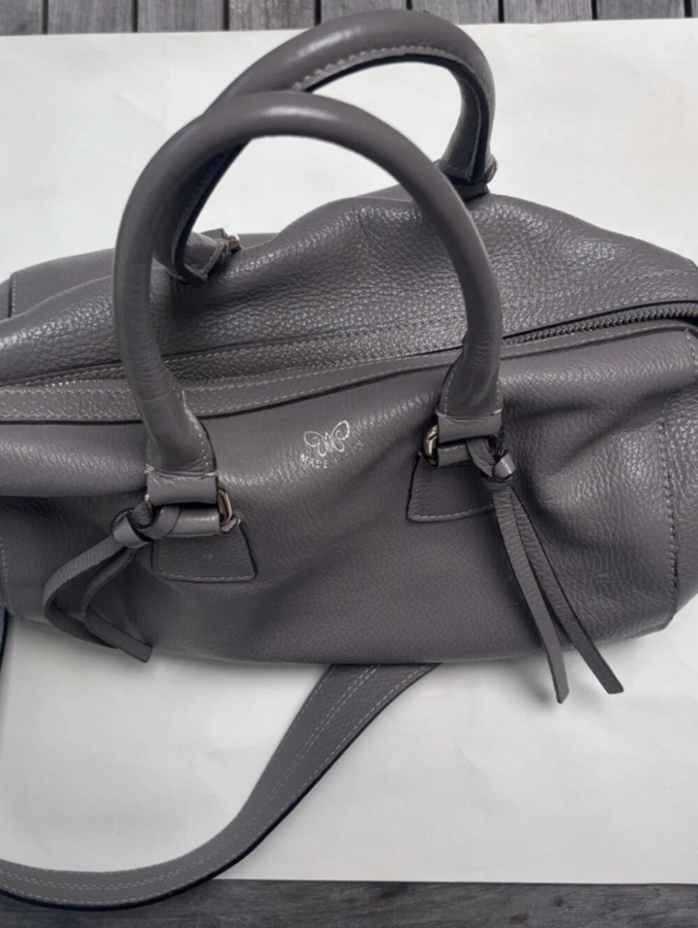 Johnny Was Taupe Gray Leather Tote Handbag Shoulder Bag